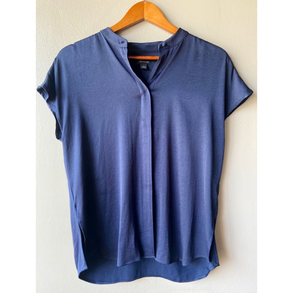 Navy Mandarin Collar Blouse | Ann Taylor
